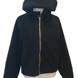MPG Sherpa Teddy Fleece Full Zip Crop Hoodie Jacket BLACK Large NWT
